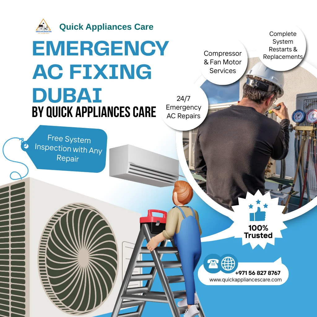 Emergency AC Fixing Dubai Emergency AC Fixing Dubai provides urgent, 24/7 air conditioning repair services throughout Dubai for when your cooling system fails unexpectedly. In Dubai's extreme heat, an AC breakdown isn't just inconvenient—it's an emergency that affects comfort, health, and safety. Our certified emergency technicians are on standby around the clock, ready to respond to urgent cooling failures with speed and expertise. Whether it's a complete system shutdown, refrigerant leak, compressor failure, or electrical fault, our team arrives fully equipped to diagnose and fix the problem immediately, restoring cool comfort to your home or business when you need it most. Why Choose Our Emergency AC Service We understand that AC emergencies can't wait, which is why we offer immediate, reliable solutions 24 hours a day. 24/7 Emergency Response: Technicians available day and night, weekends, and holidays Rapid Dispatch: Priority emergency service across all Dubai neighborhoods Fully Equipped Vehicles: Mobile workshops stocked with common AC parts and refrigerants Same-Visit Solutions: Most emergency repairs completed during the initial visit Safety First: Certified technicians trained in emergency electrical and refrigerant protocols Common AC Emergencies We Handle Our emergency technicians are specially trained to resolve urgent cooling system failures quickly and safely. Complete Cooling Loss: AC running but blowing warm or hot air System Shutdown: AC not turning on at all, especially during peak heat Refrigerant Leaks: Sudden loss of cooling due to gas leaks Electrical Failures: Tripping breakers, burning smells, or sparking Water Damage: Severe indoor unit leaks causing property damage Dubai-Wide Emergency Coverage Our emergency AC technicians serve every community across Dubai with the same urgent response standards. Downtown Dubai & Business Bay Dubai Marina & Jumeirah Palm Jumeirah & JLT Arabian Ranches & Springs All industrial, commercial, and residential areas Emergency Service Protocol Our systematic emergency approach ensures safe, efficient AC repairs when time is critical. Immediate Diagnosis: Rapid assessment upon arrival to identify the core failure Safety Evaluation: Checking for electrical hazards or refrigerant leaks first Emergency Parts: Common components like capacitors, contactors, and fuses carried on vehicles Temporary Cooling: Implementing quick fixes to restore basic cooling when full repairs require parts System Safety Check: Verifying all safety features are operational after repair Dubai Emergency Client Experiences Customers trust our rapid response during critical AC failures in Dubai's heat. "My AC died at midnight during a July heatwave. The emergency technician arrived within an hour and had cooling restored by 2 AM." - Khalid A., Al Barsha "Water was pouring from my AC unit onto expensive electronics. Your emergency team stopped the leak and saved thousands in damages." - Leila M., Dubai Marina What Constitutes an AC Emergency Understanding when to call for emergency AC service in Dubai's climate. Complete Cooling Failure: During extreme heat warnings or health-sensitive situations Electrical Hazards: Burning smells, smoke, or visible sparking from the unit Refrigerant Leaks: Suspected gas leaks (sweet chemical odor) from the system Property Damage: Water leaking onto electrical systems or valuable property Medical Necessity: For households with elderly, infants, or medical conditions Emergency Prevention Tips Reduce emergency risks with these preventive measures for Dubai's climate. Schedule professional maintenance before peak summer season Replace air filters monthly during high-use periods Keep outdoor units clear of debris and ensure proper airflow Address unusual noises or performance changes immediately Install voltage stabilizers to protect against power surges 24/7 Emergency Service Access Immediate access to certified emergency AC technicians across Dubai. 📞 Emergency Hotline: +971 56 827 8767 💬 Emergency WhatsApp: Message Now 🌐 Website: Quick Appliances Care Emergency AC Services 24/7 Emergency AC Repair Urgent Refrigerant Leak Fixing Immediate Compressor Service Emergency Electrical Repair Rapid Water Leak Stopping Emergency AC Fixing Dubai